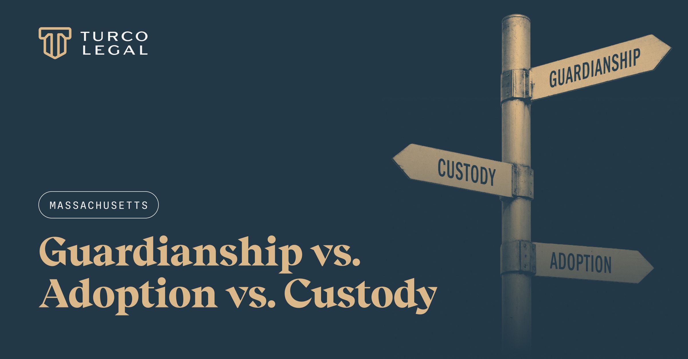 Guardianship-vs-Adoptions-vsCustody-MA-Blog Turco Legal: Massachusetts guardianship, adoption, and custody. A three-way street sign points in different directions.