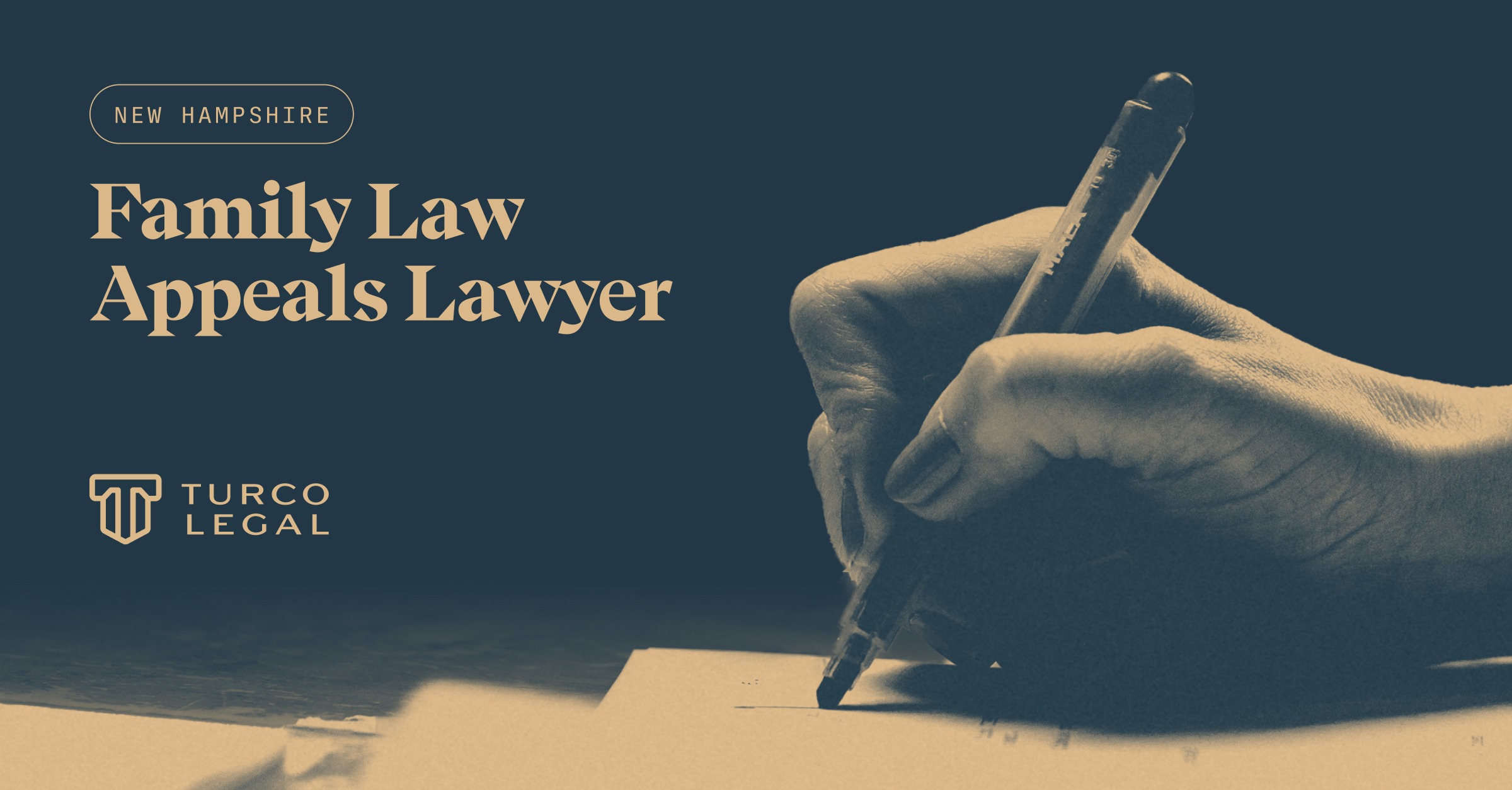 New Hampshire family law appeals lawyer blog graphic featuring a hand writing with a pen, representing legal appeals and court proceedings.