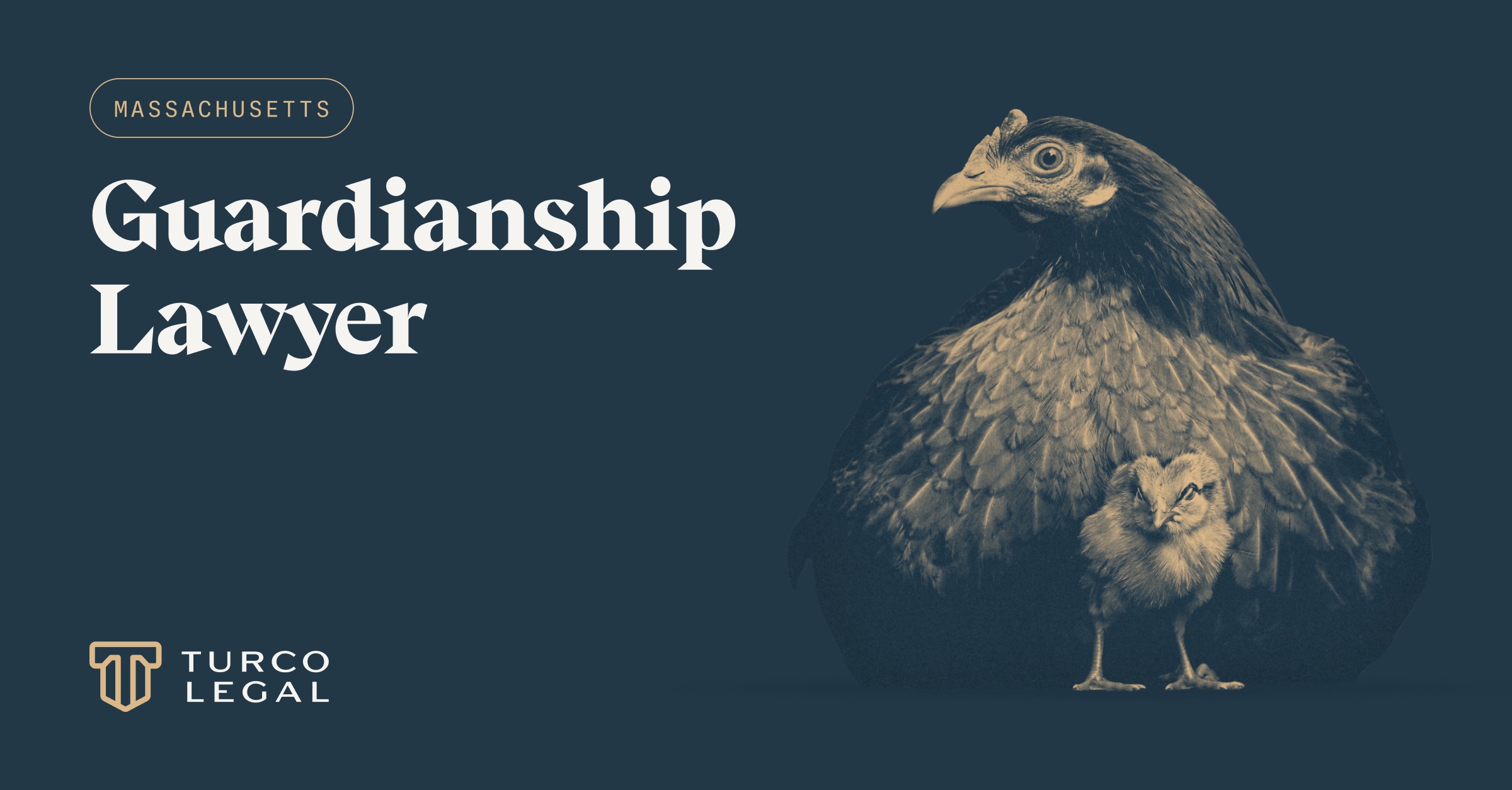 Massachusetts guardianship lawyer blog graphic featuring a protective hen and chick, symbolizing guardianship, care, and legal protection.