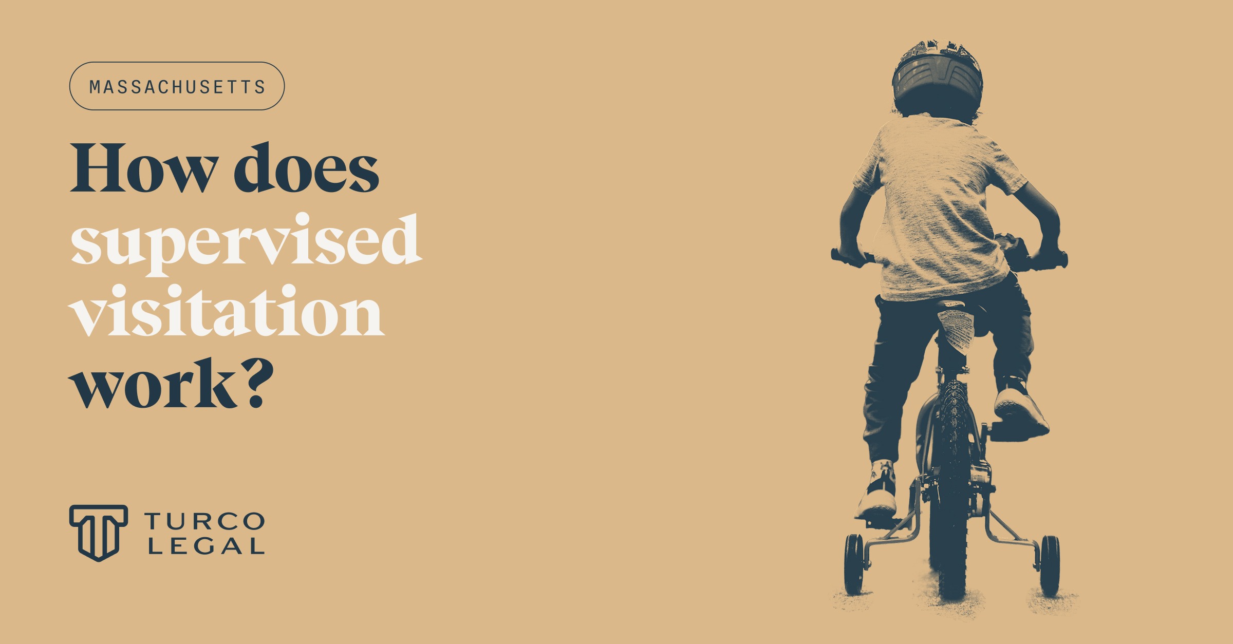 How does supervised visitation work in Massachusetts? Turco Legal graphic featuring a child riding a bicycle with training wheels, symbolizing safety and supervision.